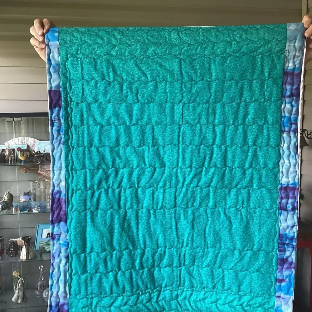 NWT. Hand Crafted Patchwork Quilt with Blues, Purples and Teals Accents